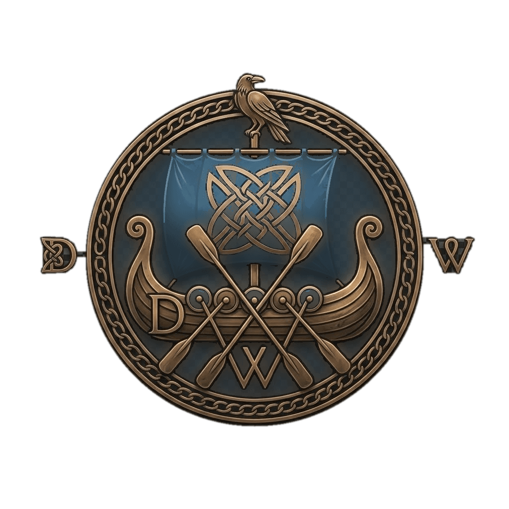Daywalker emblem: a bronze viking longship with a blue knotwork sail, crossed oars, and a raven